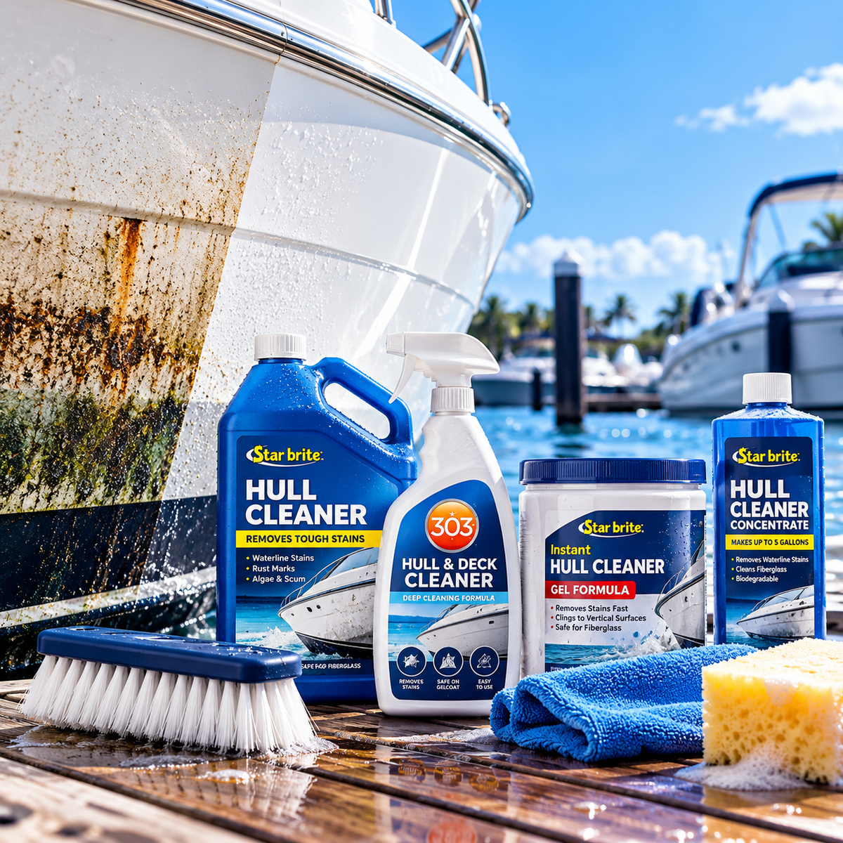 Boat hull cleaners in different bottle sizes and gel, liquid and concentrate formats displayed beside a fiberglass hull with cleaning brush and microfiber cloth.