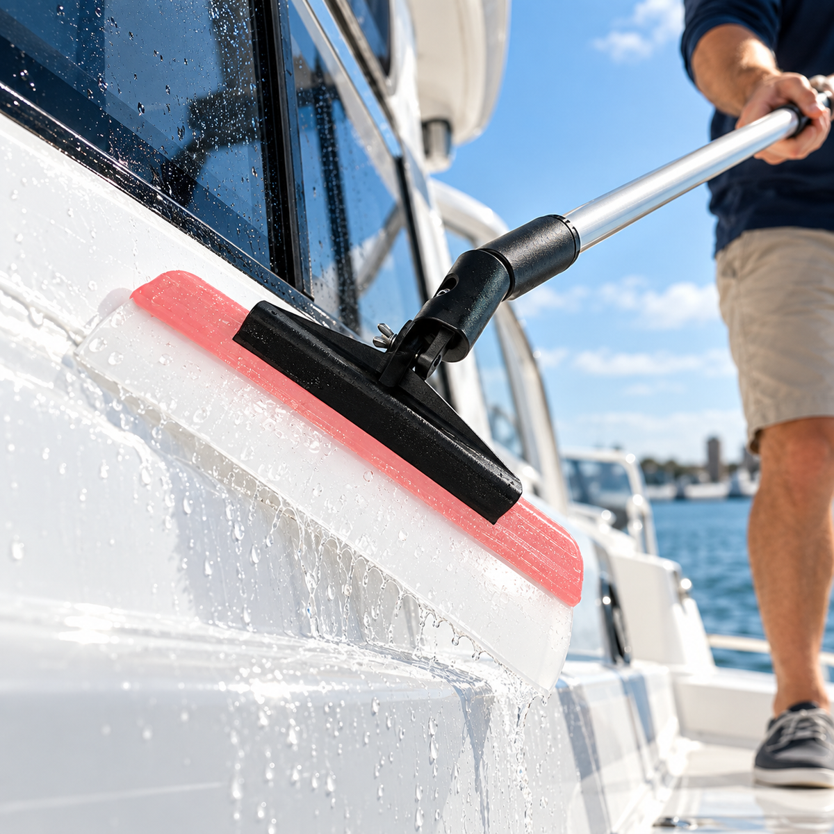 Shurhold Shur-Dry Adapter 265 connecting a long handle to a Water Blade while cleaning water from a boat surface.