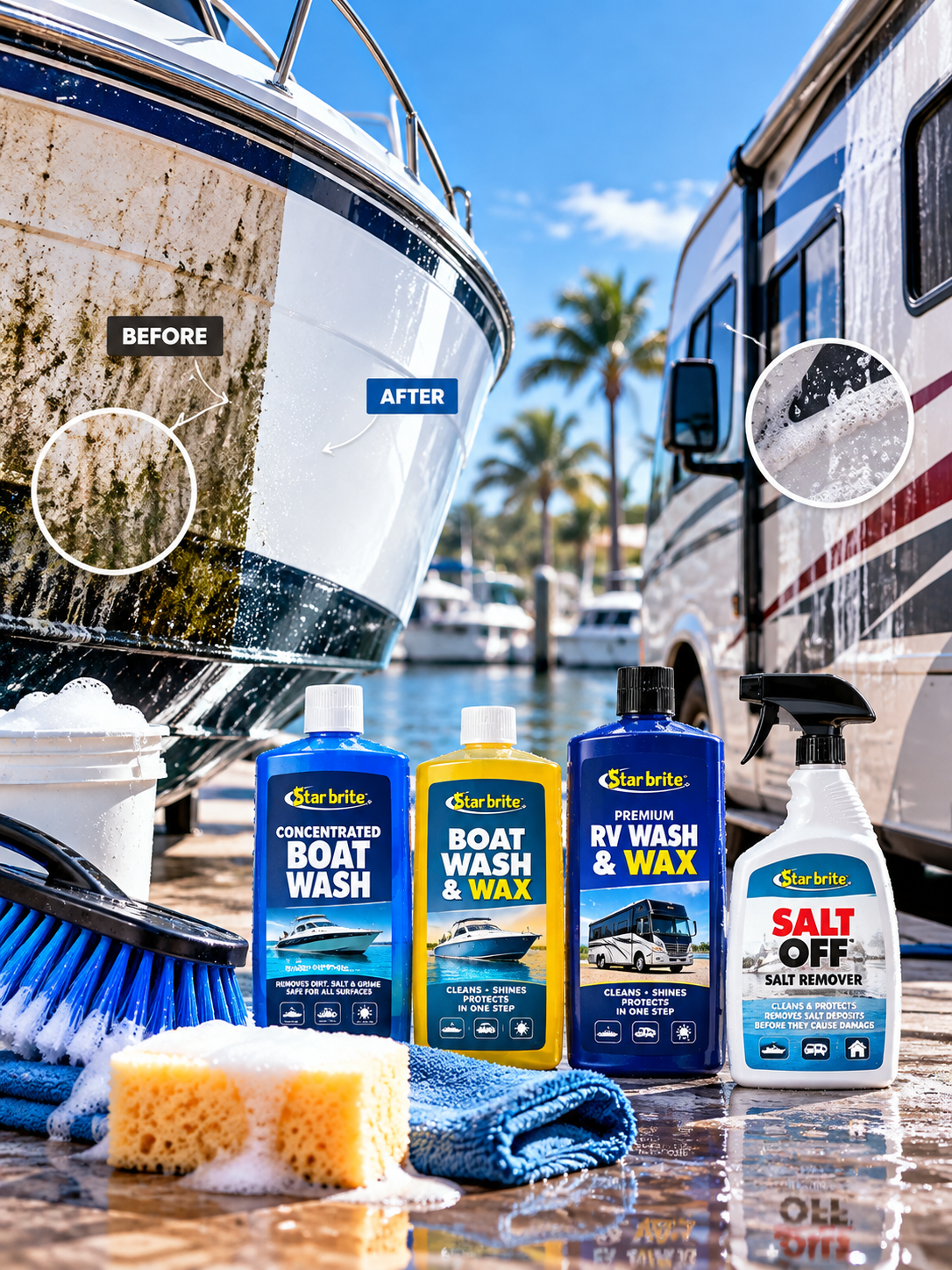 Boat and RV surface care comparison featuring Star brite boat wash, wash and wax, RV cleaner and Salt Off products beside a fiberglass boat hull and RV exterior.