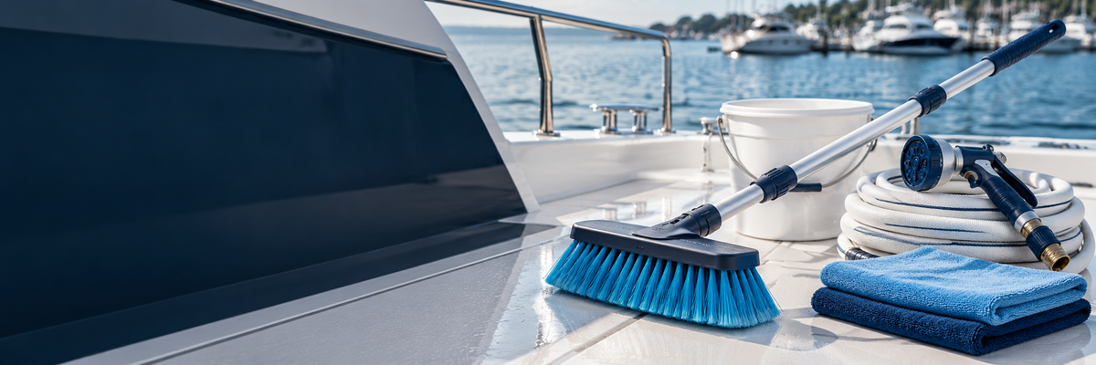 Boat cleaning brush, washdown hose, spray nozzle and microfiber towels on a yacht deck