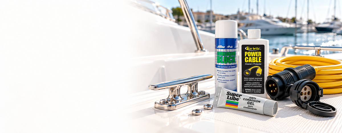 Corrosion Block spray, Super Lube anti-corrosion gel and Star brite power cable cleaner beside boat hardware and shore power connectors.