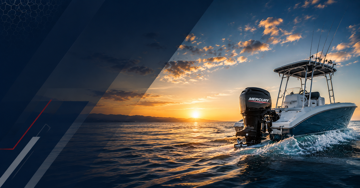 A white center-console fishing boat with a black Mercury outboard motor sailing on open water at sunset, with a dark blue graphic overlay on the left side.