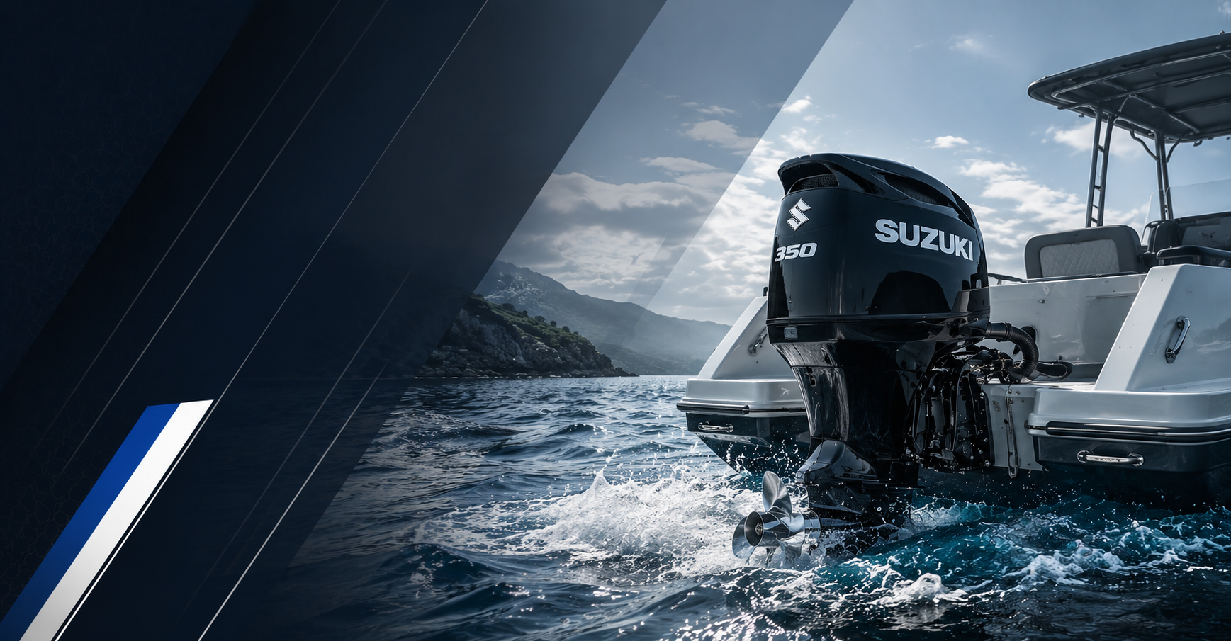 A Suzuki outboard motor mounted on the stern of a white boat, shown in motion on blue water with a scenic background.