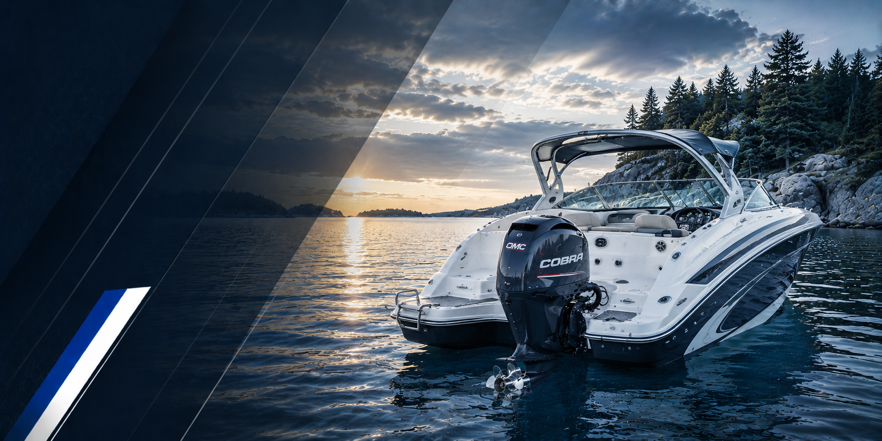 OMC Cobra outboard lower unit on a white speedboat cruising on blue water