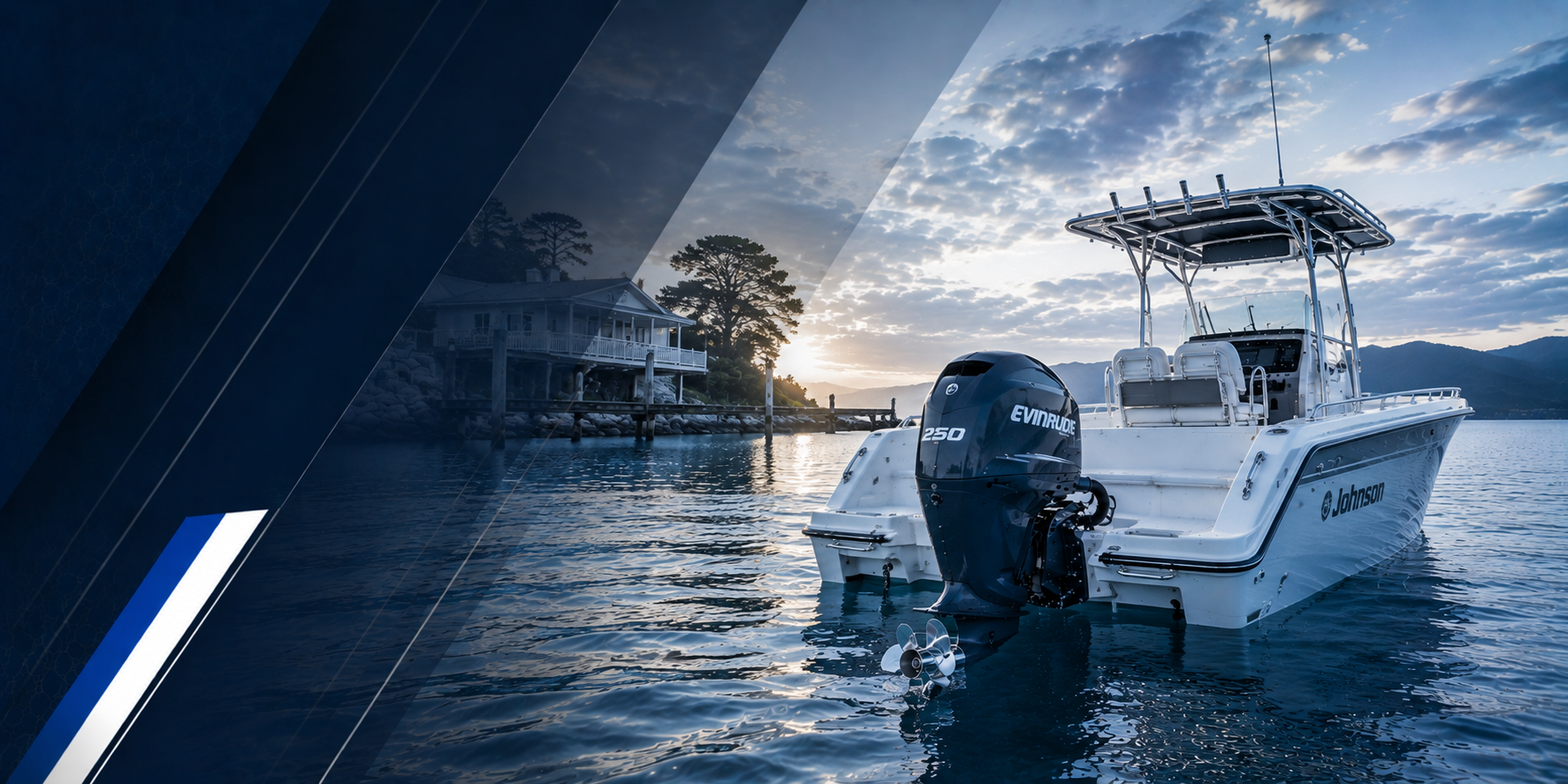 A white motorboat on calm water at sunset, shown from the side with a black outboard motor branded Evinrude. The scene is overlaid with dark blue graphic shapes on the left side.