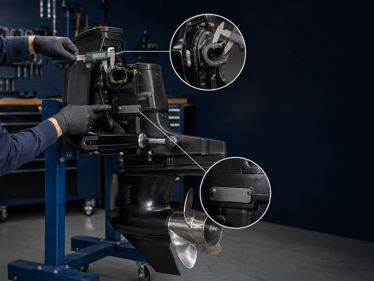 Technician inspecting an Alpha One Gen I-style sterndrive identification plate and input-yoke measurement