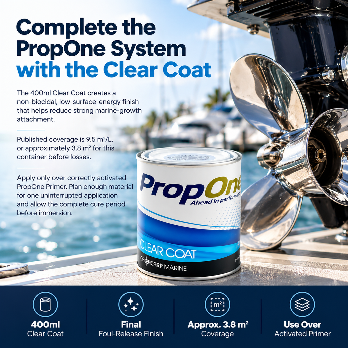PropOne 400ml Clear Coat shown beside a polished marine propeller, designed as the final foul-release coating over activated primer with approximately 3.8 m² coverage.