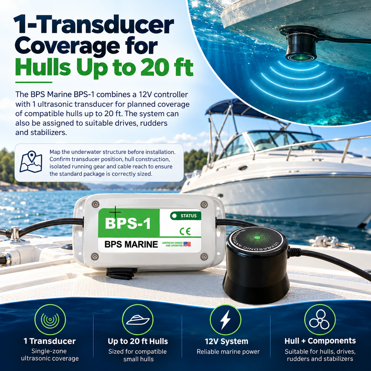 BPS Marine BPS-1 ultrasonic antifouling system with 12V controller and single transducer, designed for compatible boat hulls up to 20 ft and selected underwater components.