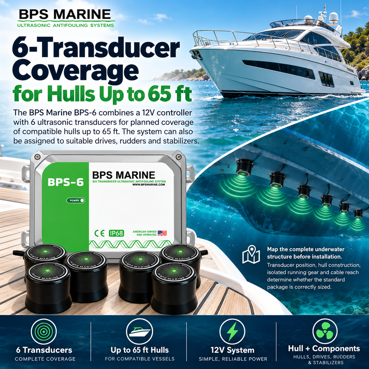 BPS Marine BPS-6 ultrasonic antifouling system with 12V controller and six transducers, designed for compatible boat hulls up to 65 ft and selected underwater components.