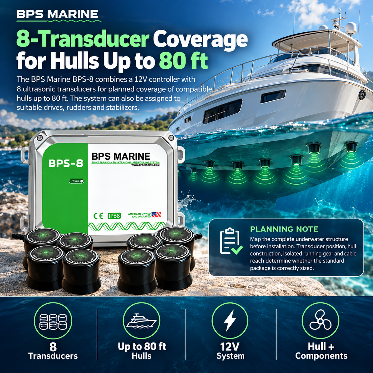 BPS Marine BPS-8 ultrasonic antifouling system with 12V controller and eight transducers, designed for compatible boat hulls up to 80 ft and selected underwater components.