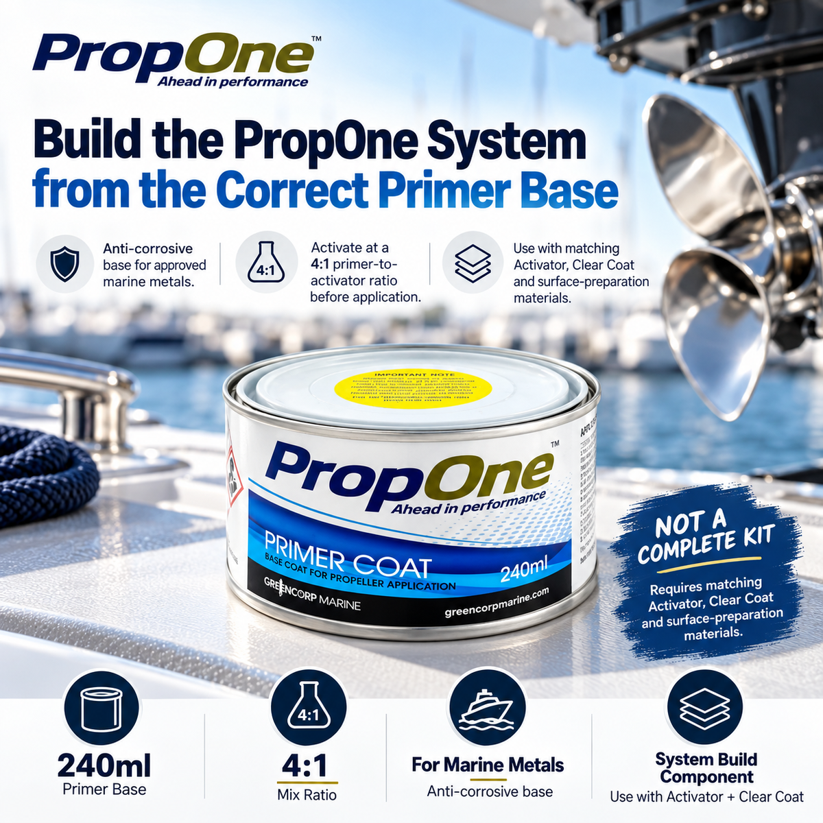 PropOne 240ml Primer Coat for marine propellers and running gear, shown as the anti-corrosive base component used with activator and clear coat in the PropOne coating system.