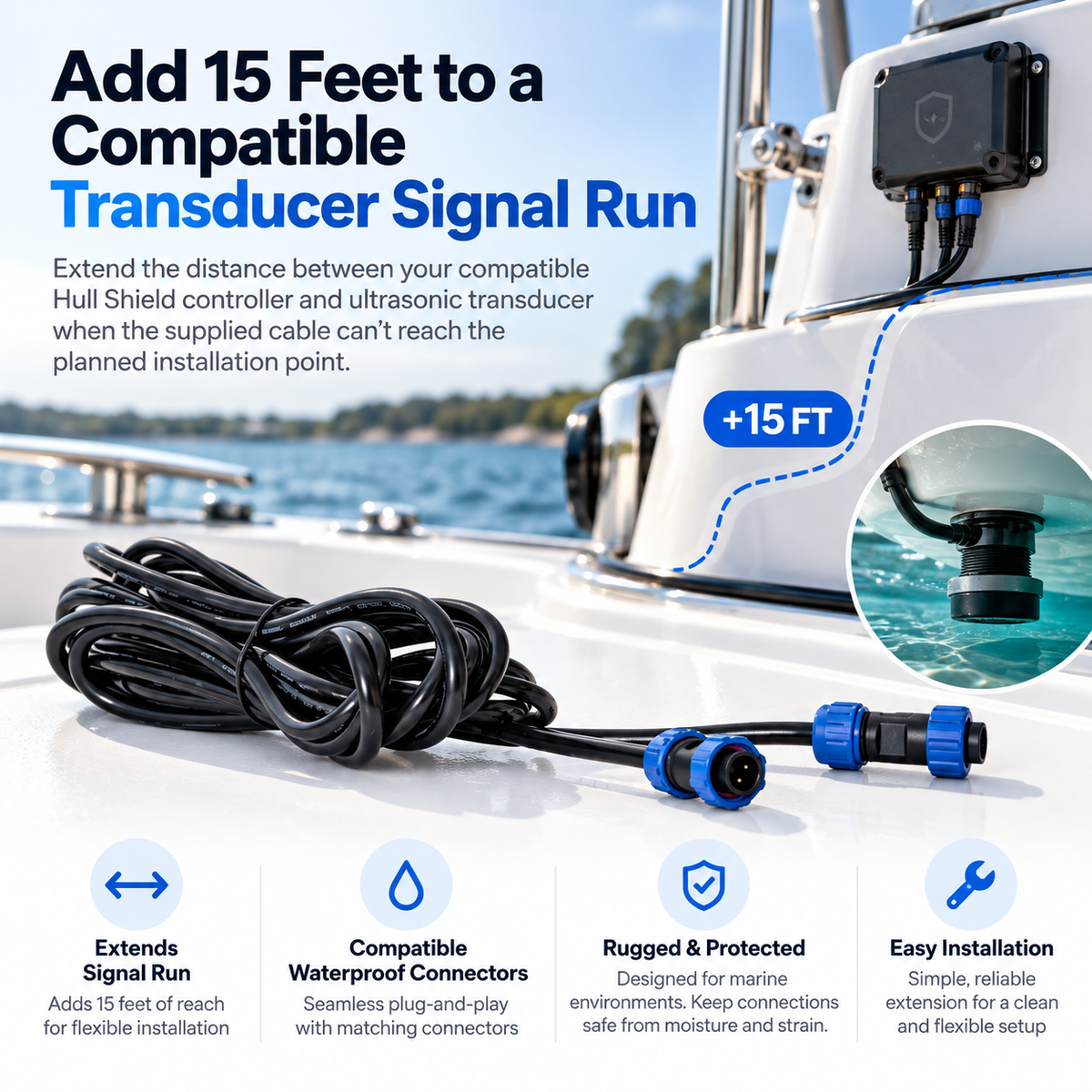 15-foot Hull Shield ultrasonic transducer signal cable extension with blue waterproof connectors, shown for extending the connection between a controller and marine transducer.