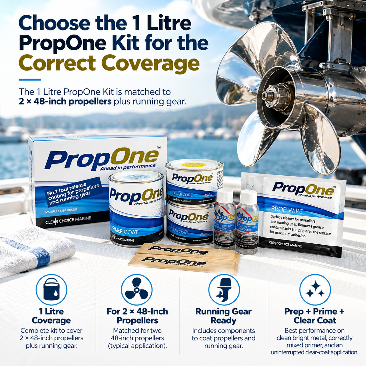 PropOne 1 Litre propeller and running gear coating kit shown beside a polished marine propeller, designed to cover up to two 48-inch propellers plus running gear.