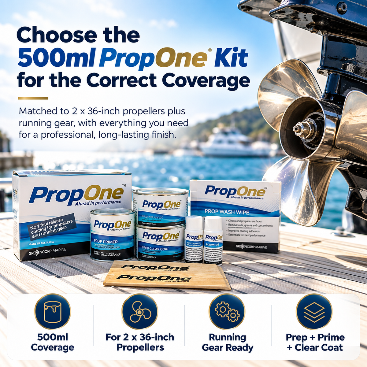 PropOne 500ml propeller and running gear coating kit shown beside a polished marine propeller, designed to cover up to two 36-inch propellers plus running gear.