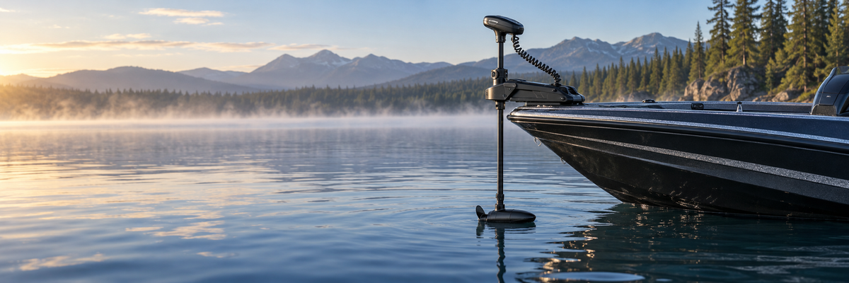Minn Kota Terrova trolling motor deployed from a black freshwater fishing boat on a calm mountain lake
