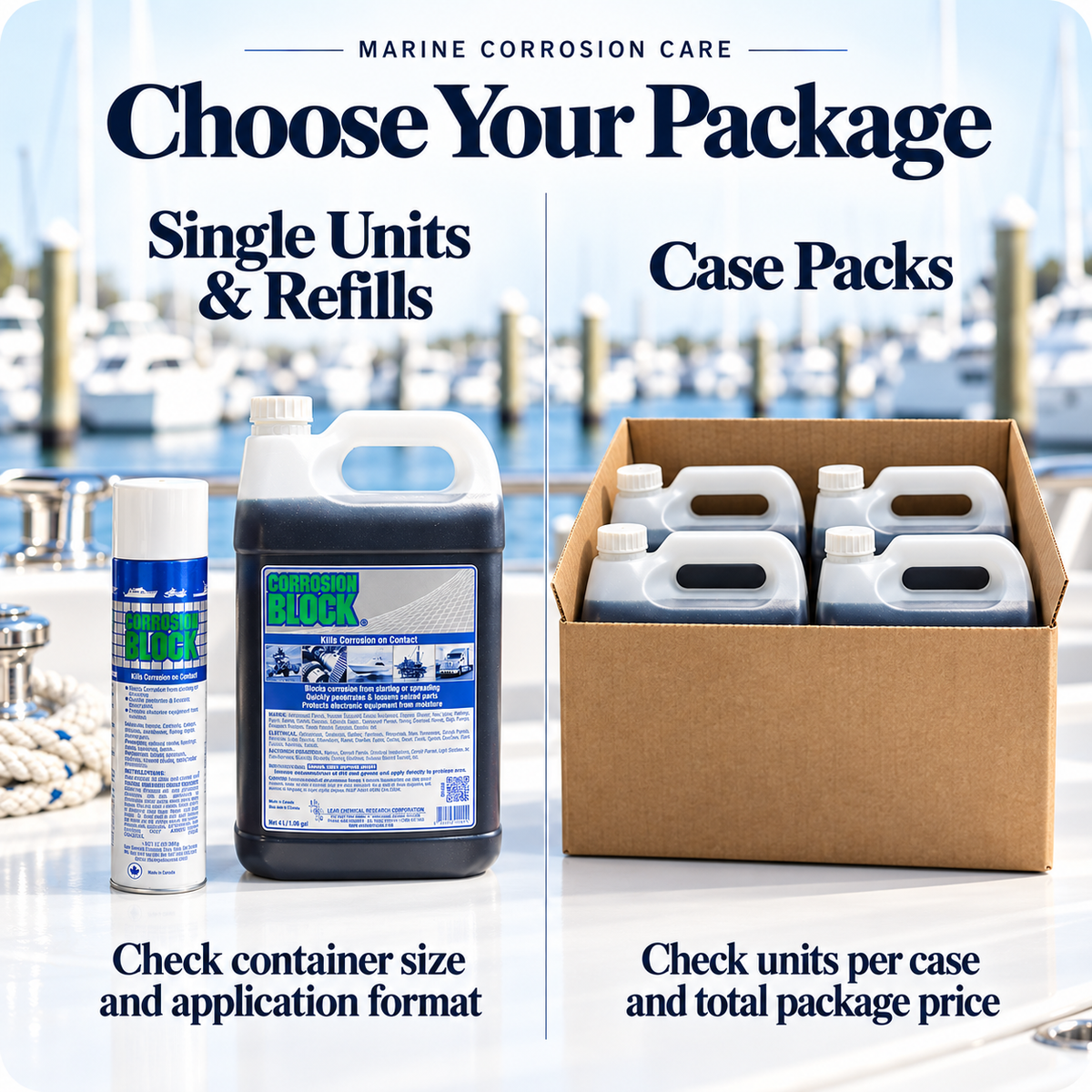 Corrosion Block single aerosol and refill compared with a four-unit case pack for marine corrosion protection.