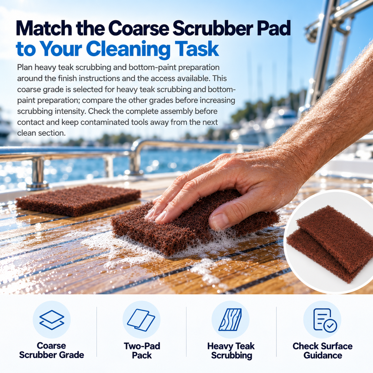 Shurhold 1703 Shur-LOK brown coarse scrubber pad cleaning a wet teak yacht deck, with an inset showing the two-pad pack.