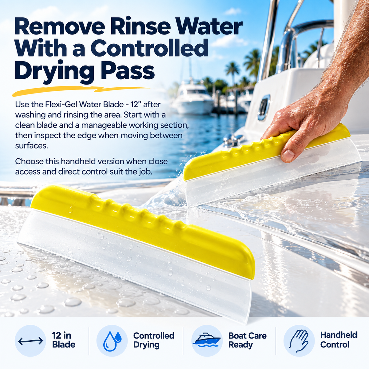 Swobbit 12-inch Flexi-Gel Water Blade shown removing rinse water from a boat surface, designed for controlled handheld drying and efficient marine surface care