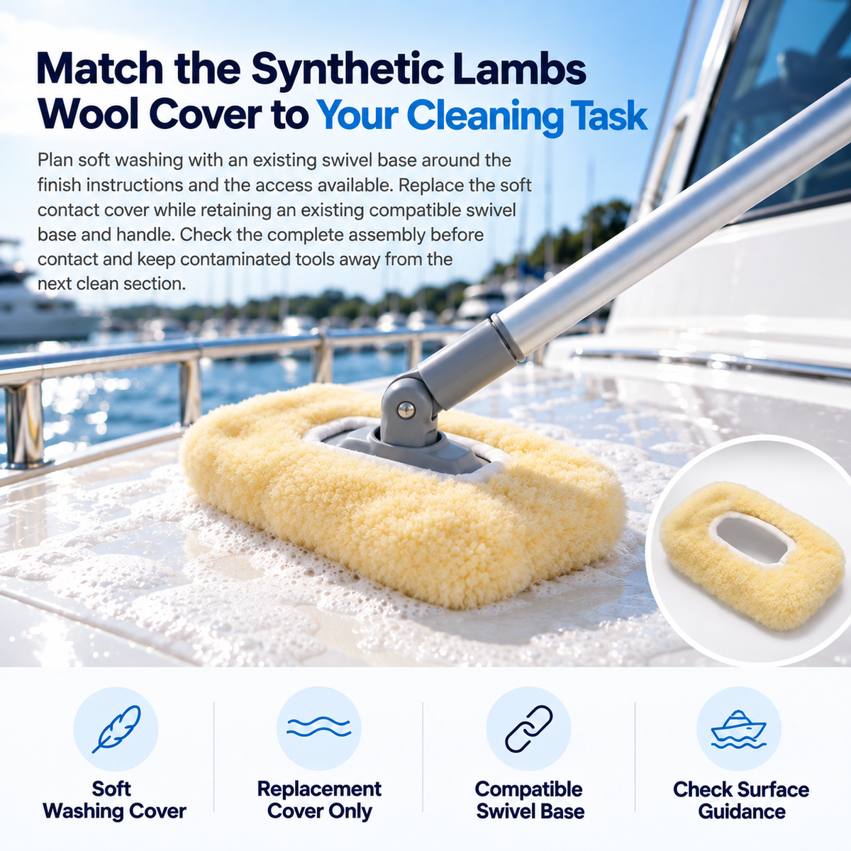 Shurhold 1710 synthetic lambs wool replacement cover on a swivel pad washing a yacht deck, with an inset showing the cover alone.