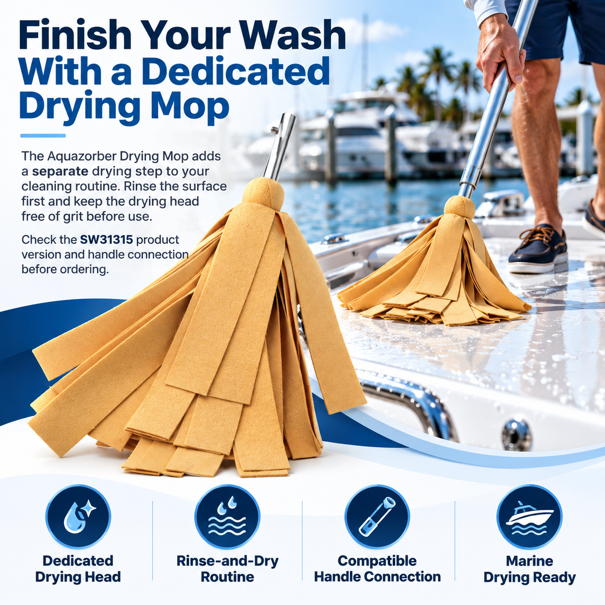 Swobbit Aquazorber drying mop shown drying a wet boat deck, designed for a dedicated rinse-and-dry routine with a compatible handle connection for marine surface care.