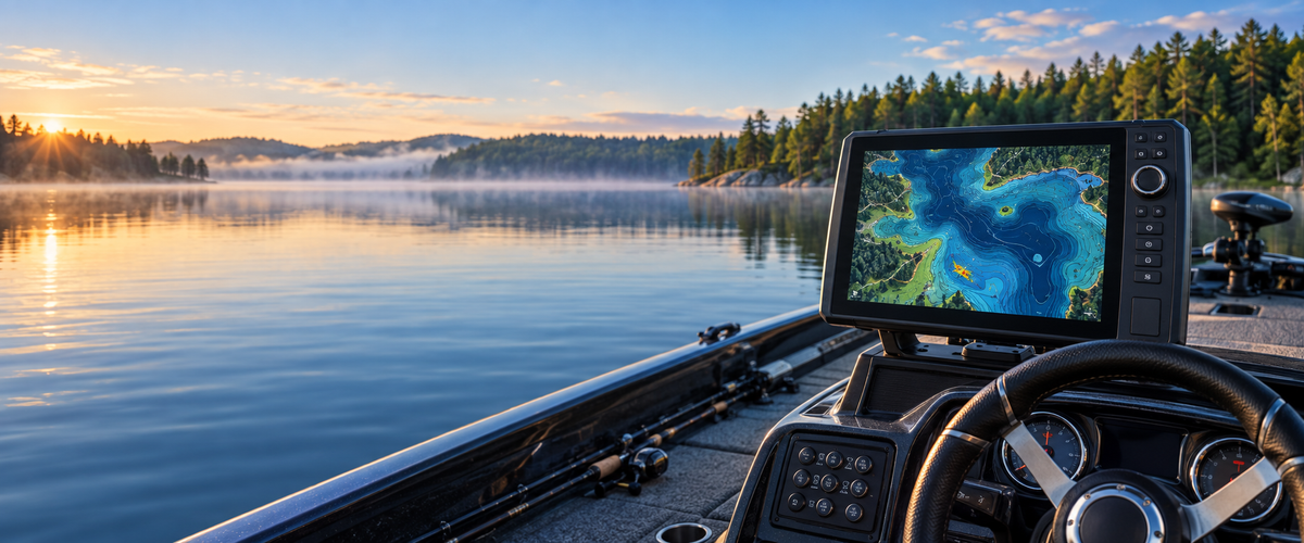 Humminbird LakeMaster VX freshwater mapping display on fishing boat