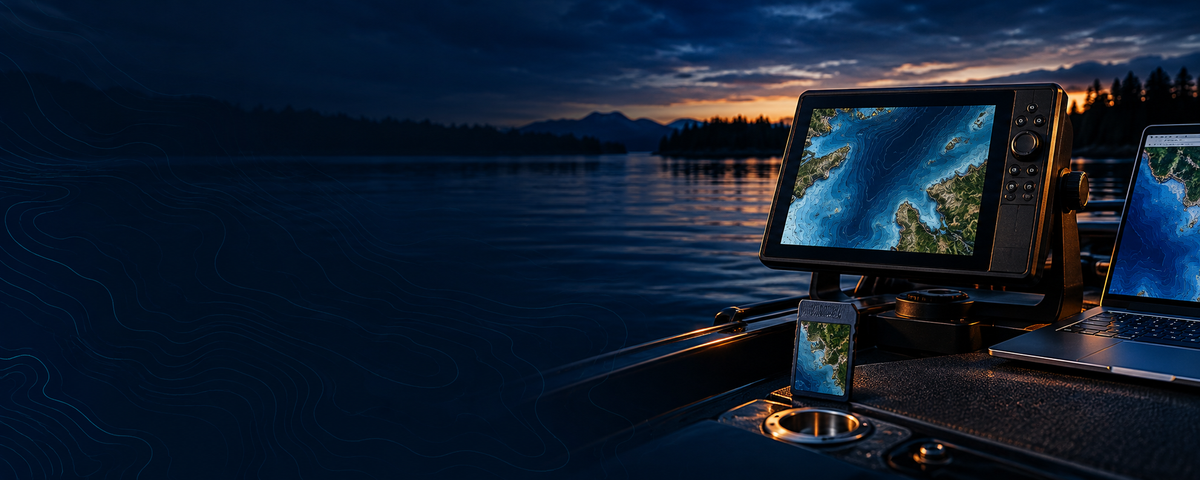Humminbird legacy cartography displayed on marine chartplotter and laptop aboard a boat