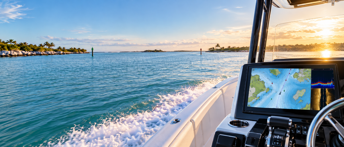 Humminbird CoastMaster marine chart displayed on a boat-mounted fish finder in coastal water