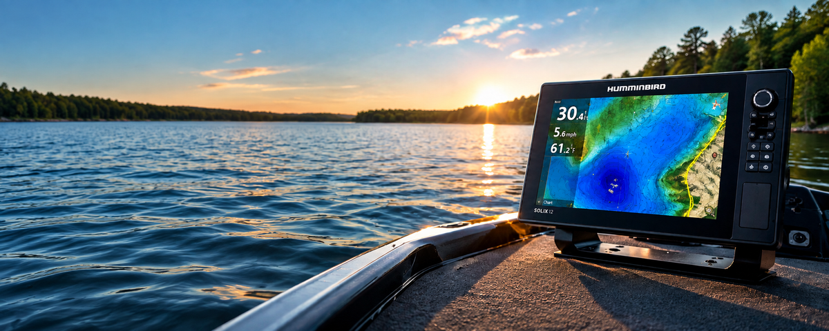 Humminbird fish finder displaying a detailed lake map on a fishing boat at sunset.