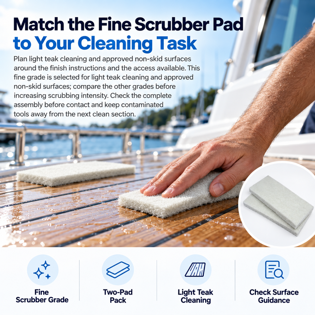 Shurhold 1701 Shur-LOK fine scrubber pad cleaning a wet teak yacht deck, with an inset showing the two-pad pack.