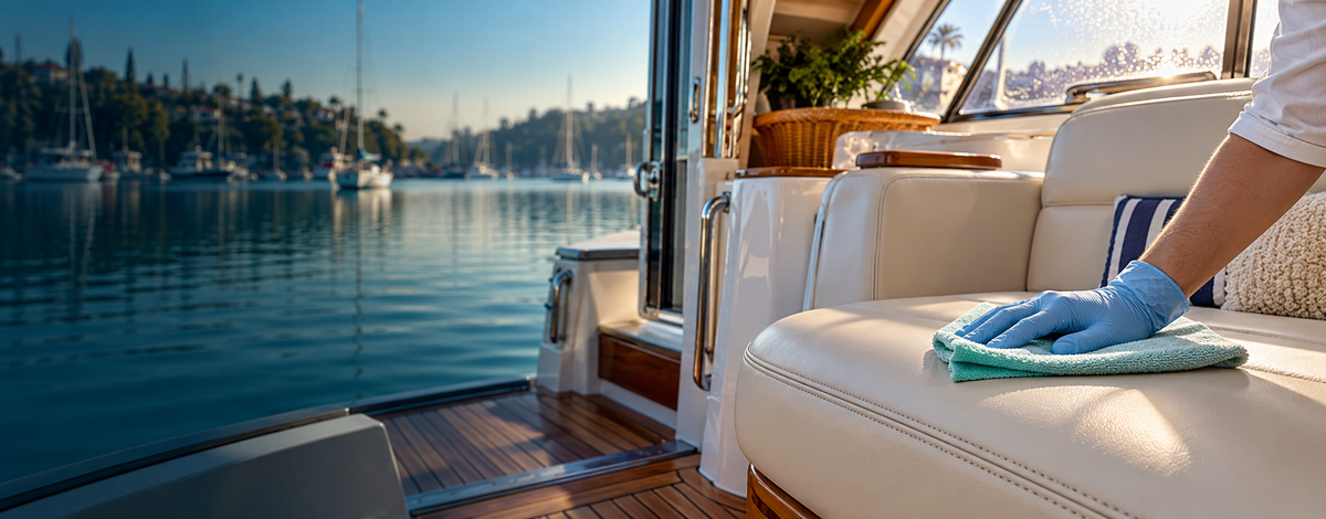 Marine vinyl seating being wiped with a microfiber cloth inside a sunlit yacht cabin overlooking a marina.
