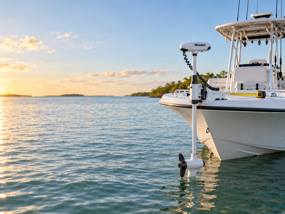 "White Rhodan trolling motor mounted on the bow of a boat in calm water during sunset, with a yellow measuring tape on the deck."
