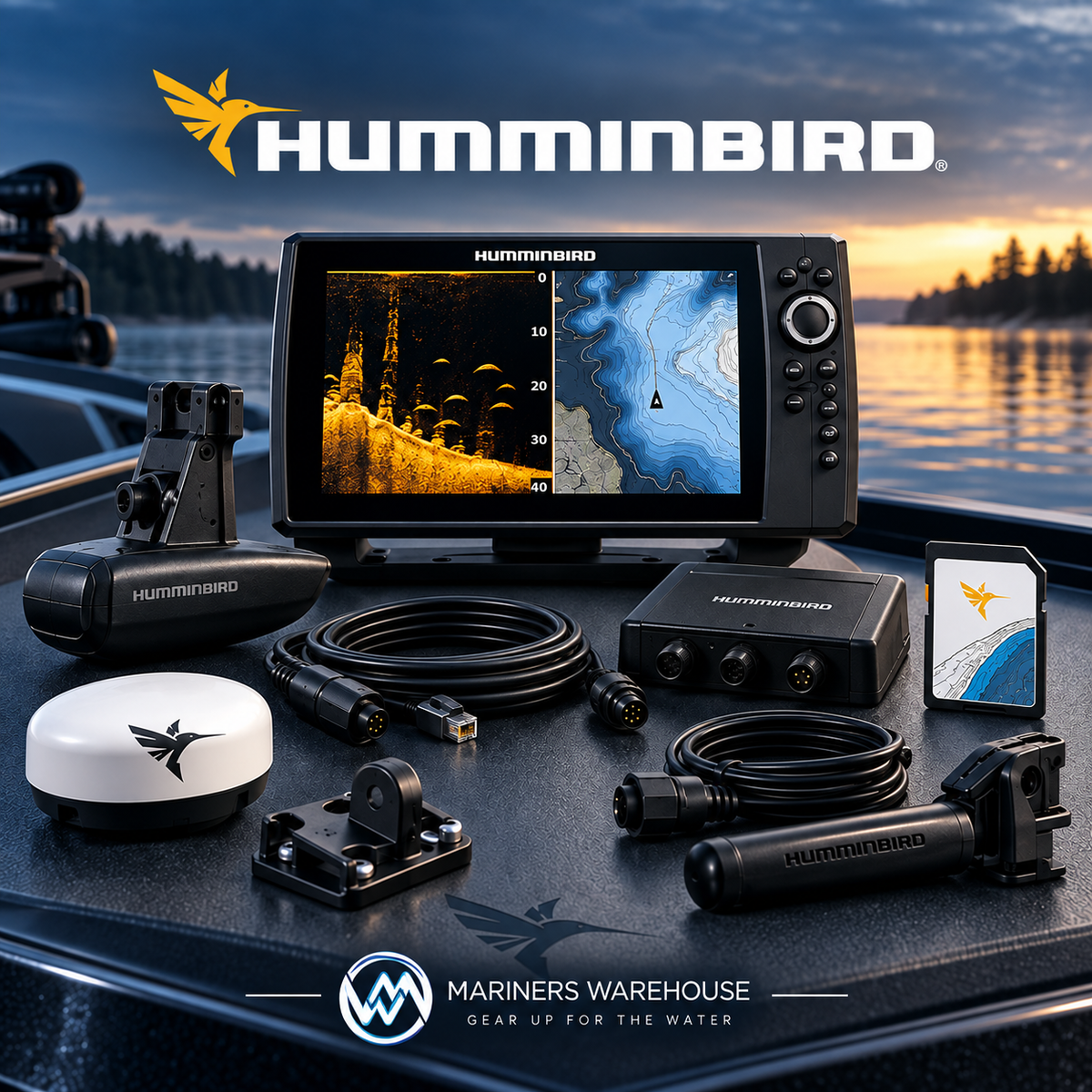 Humminbird marine electronics collection with fish finder, transducer, networking cables, mapping card, and accessories.