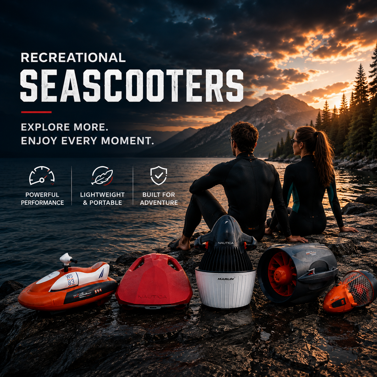 A man and woman in wetsuits sit on a rocky shore at sunset, surrounded by five Nautica recreational seascooters and water vehicles against a backdrop of mountains and a lake.