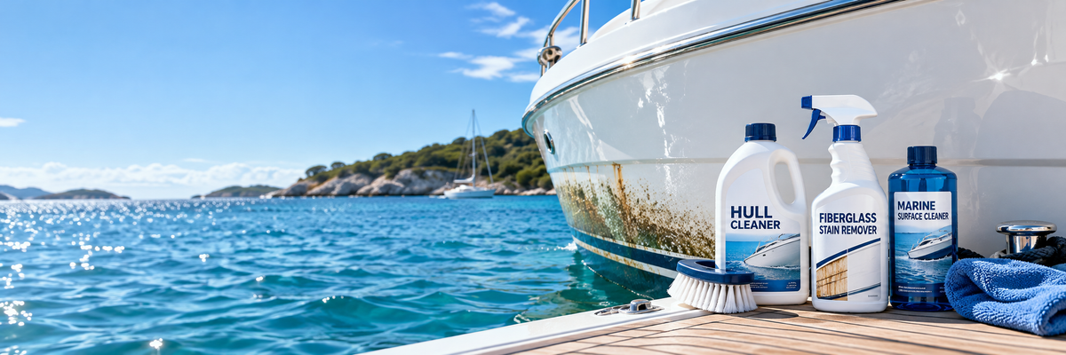 Boat hull and fiberglass cleaning products displayed beside a white boat hull with waterline stains, featuring hull cleaner, fiberglass stain remover, marine surface cleaner and cleaning accessories.