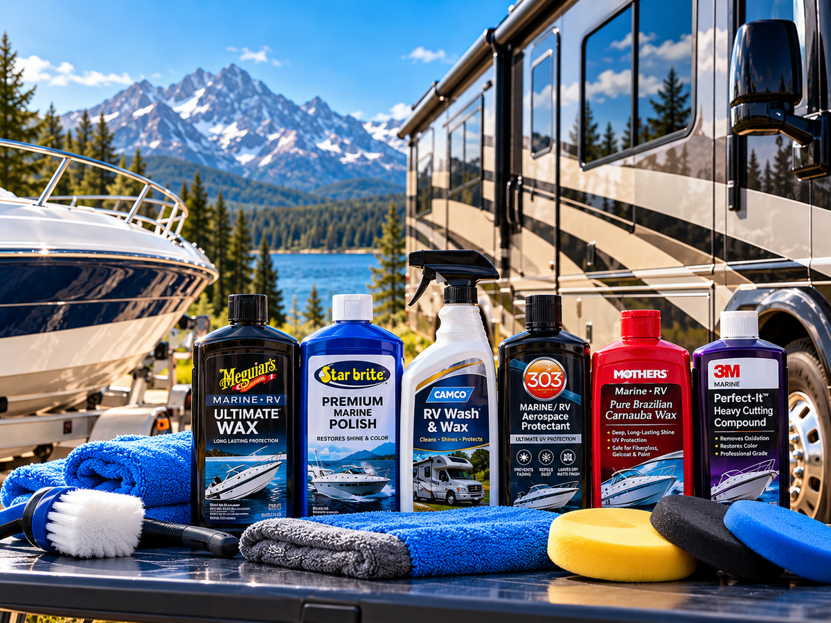 RV and marine waxes, polishes, sealants, and surface protectants from Meguiar’s, Star brite, Camco, 303, Mothers, and 3M displayed beside a motorhome and boat with microfiber towels and polishing pads.