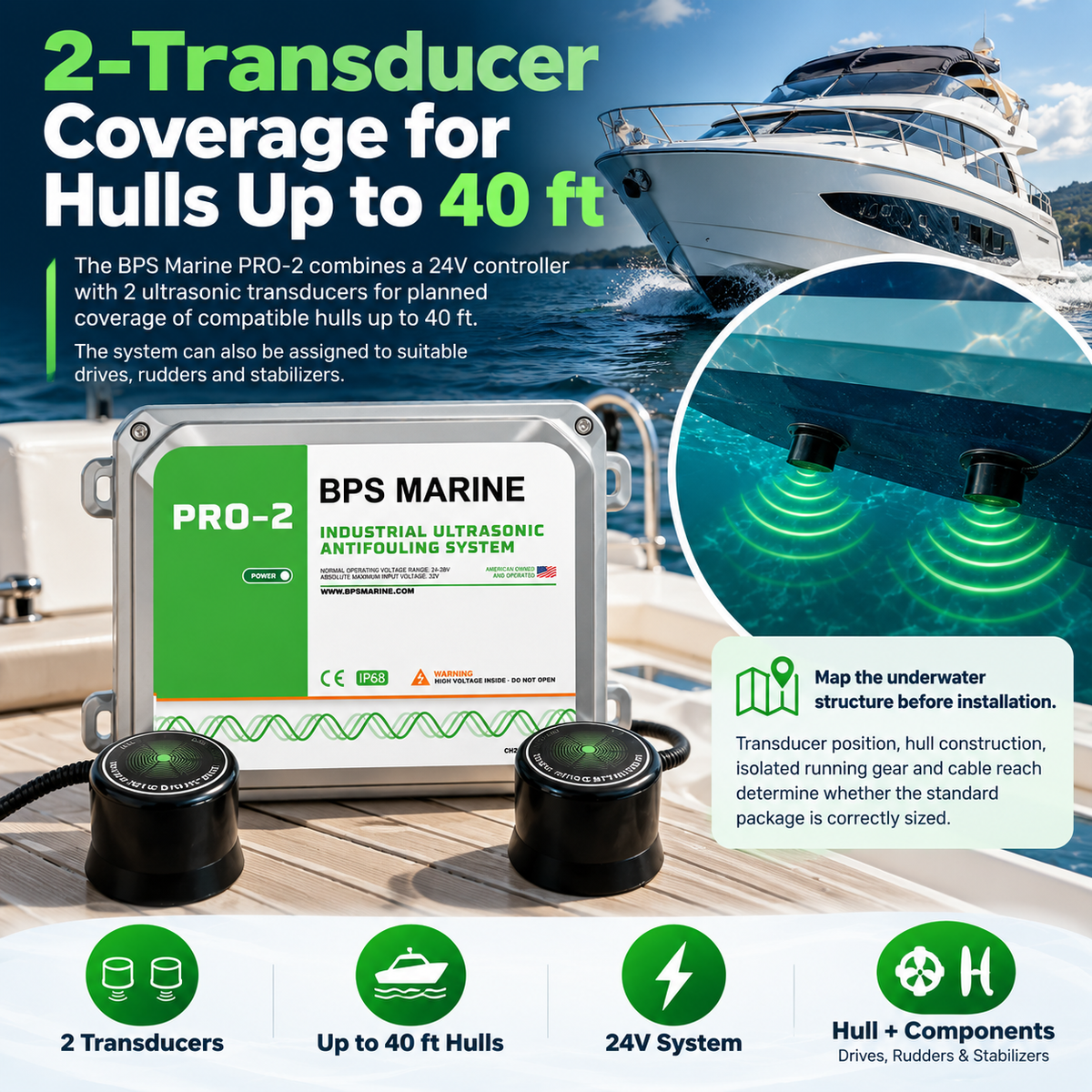 BPS Marine PRO-2 industrial ultrasonic antifouling system with 24V controller and two transducers, designed for compatible boat hulls up to 40 ft plus selected drives, rudders, and stabilizers.