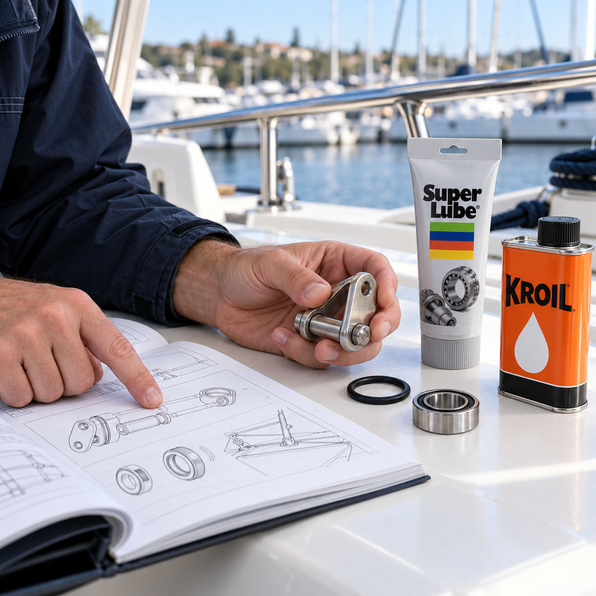 Technician checking a boat component against maintenance instructions beside Super Lube grease and Kroil penetrating oil.