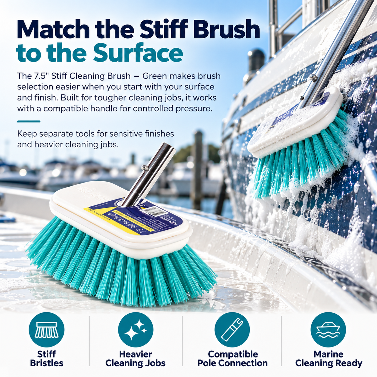 Swobbit 7.5-inch Stiff Cleaning Brush with teal bristles shown scrubbing a boat hull, designed for tougher marine cleaning jobs with a compatible pole connection.