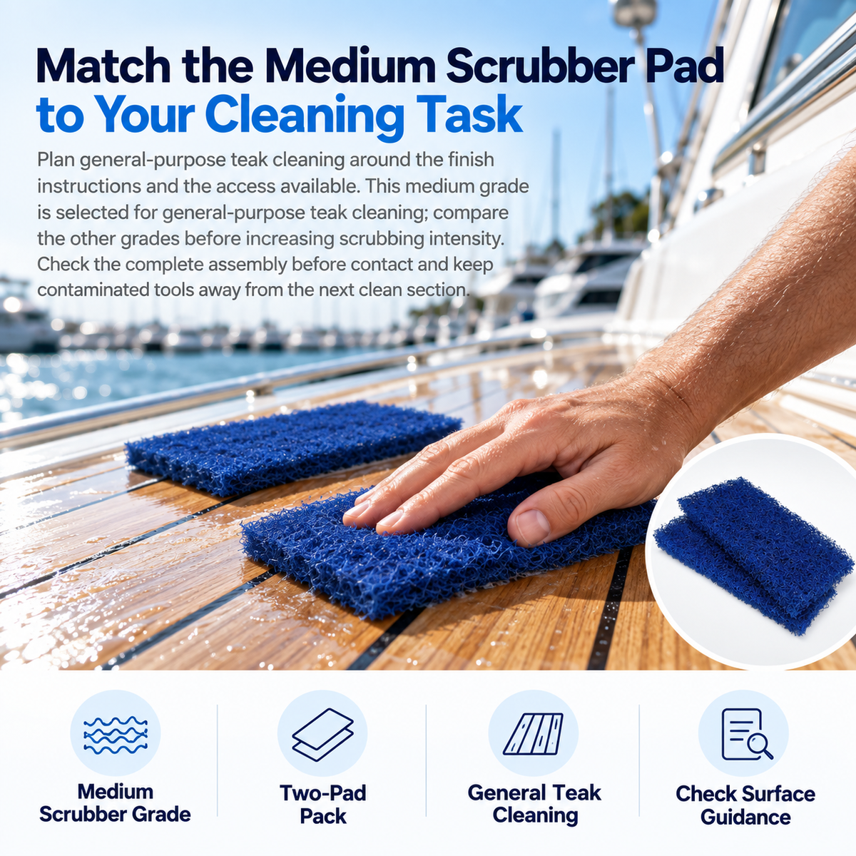 Shurhold 1702 Shur-LOK blue medium scrubber pad cleaning a wet teak yacht deck, with an inset showing the two-pad pack.