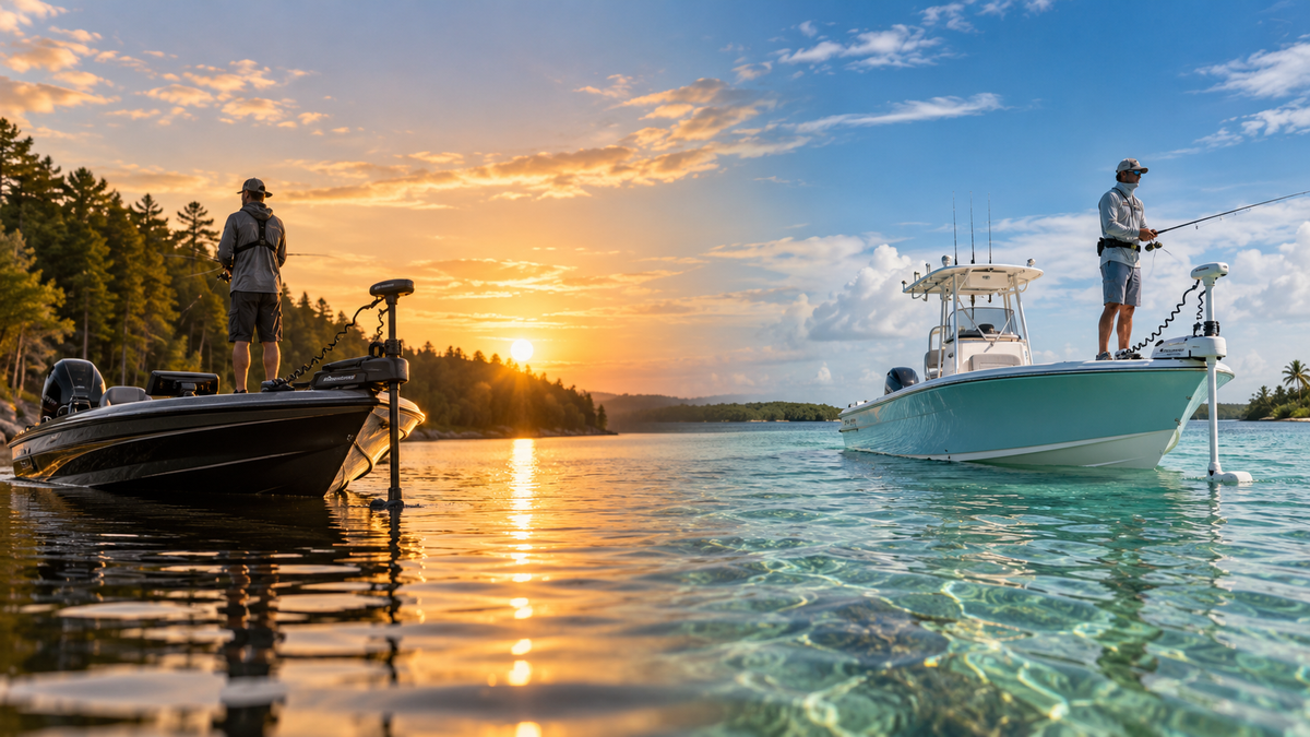 Minn Kota trolling motors on freshwater and saltwater fishing boats at sunset
