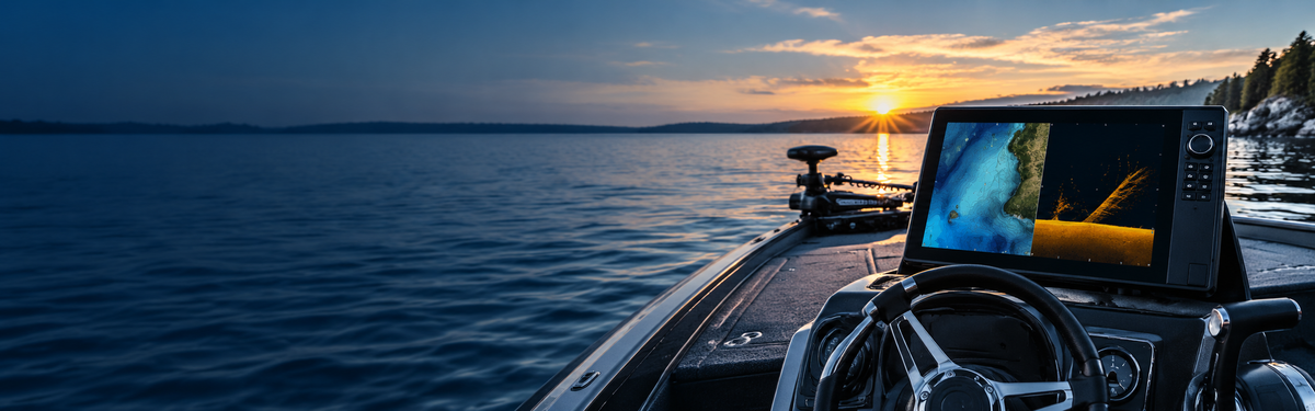 Humminbird fish finder and marine electronics displayed on a fishing boat at sunrise