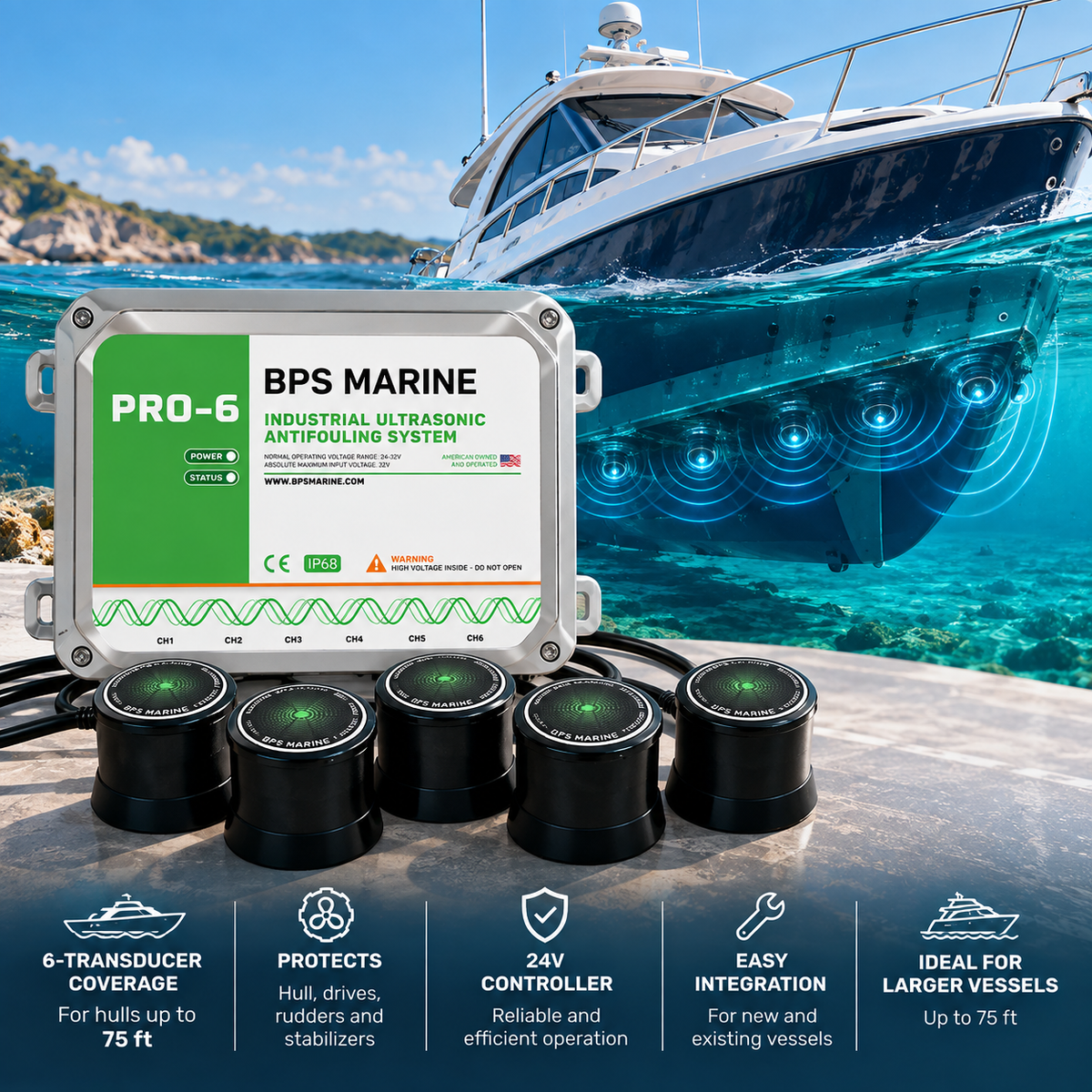 BPS Marine PRO-6 industrial ultrasonic antifouling system with 24V controller and six transducers, designed for compatible boat hulls up to 75 ft plus selected drives, rudders, and stabilizers.
