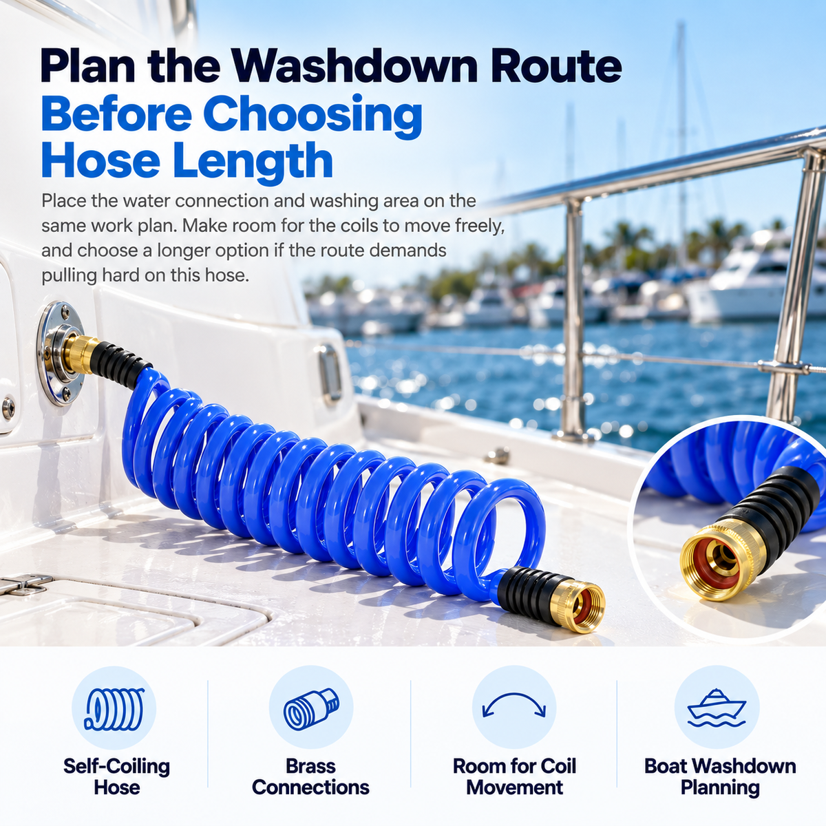 HoseCoil HS1500HP blue 15-foot self-coiling hose connected to a boat washdown outlet, with brass fittings and black flex relief.