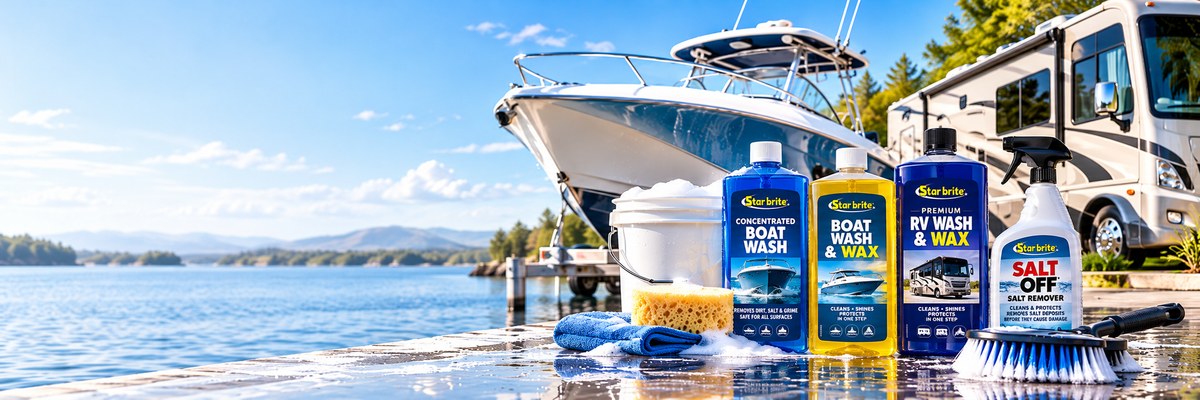 Star brite boat wash soap, marine wash and wax, RV wash and wax, and Salt Off cleaner displayed beside a boat and RV with cleaning brush, sponge and microfiber towel.