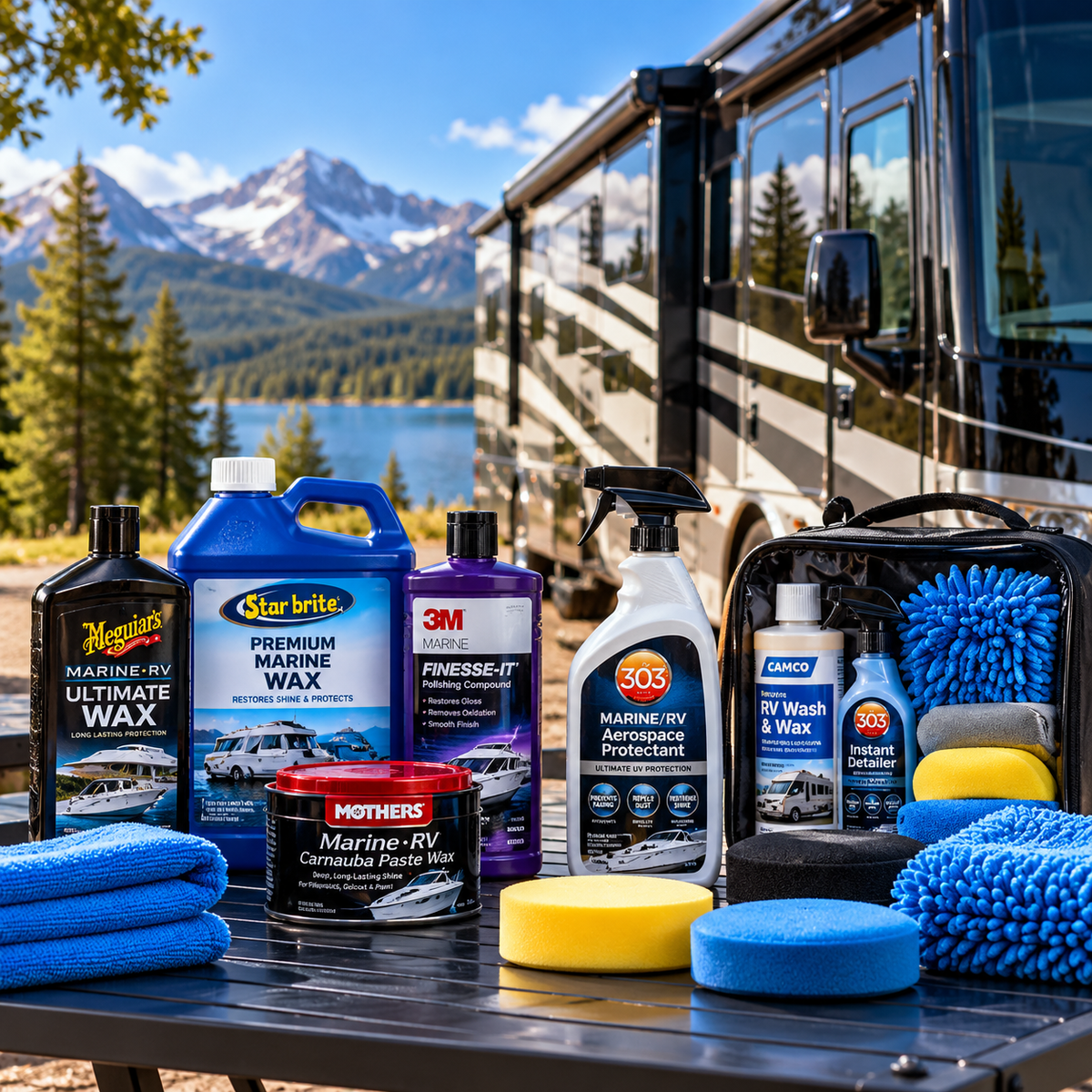 RV wax, sealants, polishing compounds, and restoration products in different package sizes with microfiber towels and applicators beside a motorhome.