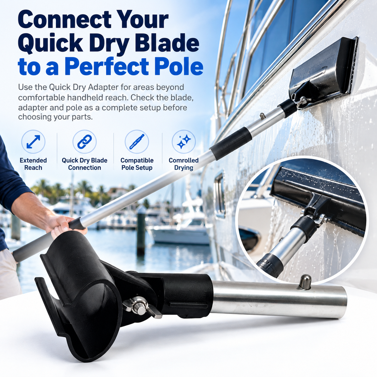 Swobbit Quick Dry Adapter shown connecting a Quick Dry Blade to a Perfect Pole for extended-reach boat drying and controlled marine surface cleaning.