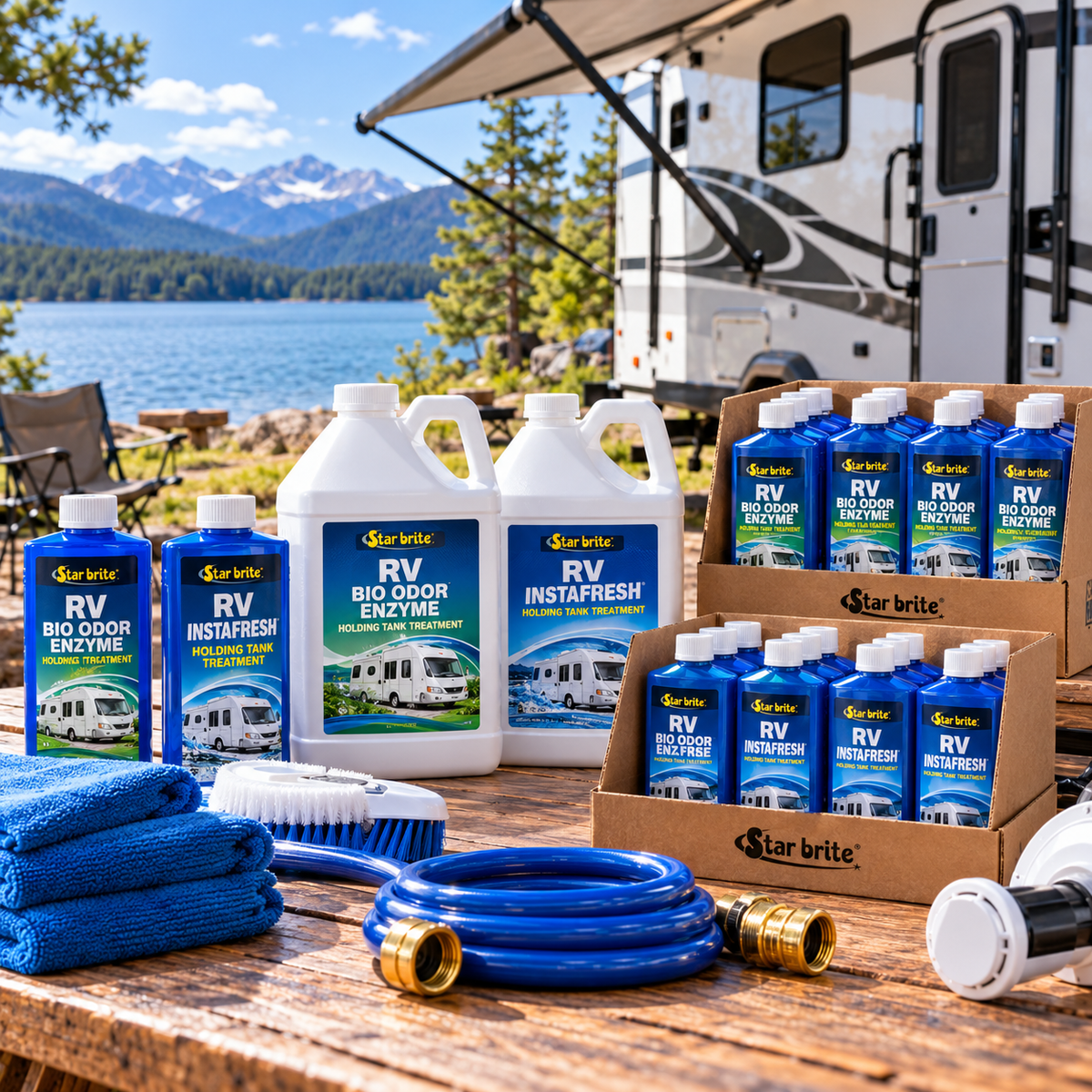 Star brite RV Bio Odor Enzyme and Instafresh Holding Tank Treatment in individual bottles, refill containers and case packs displayed at a lakeside RV campsite. Copy alt text