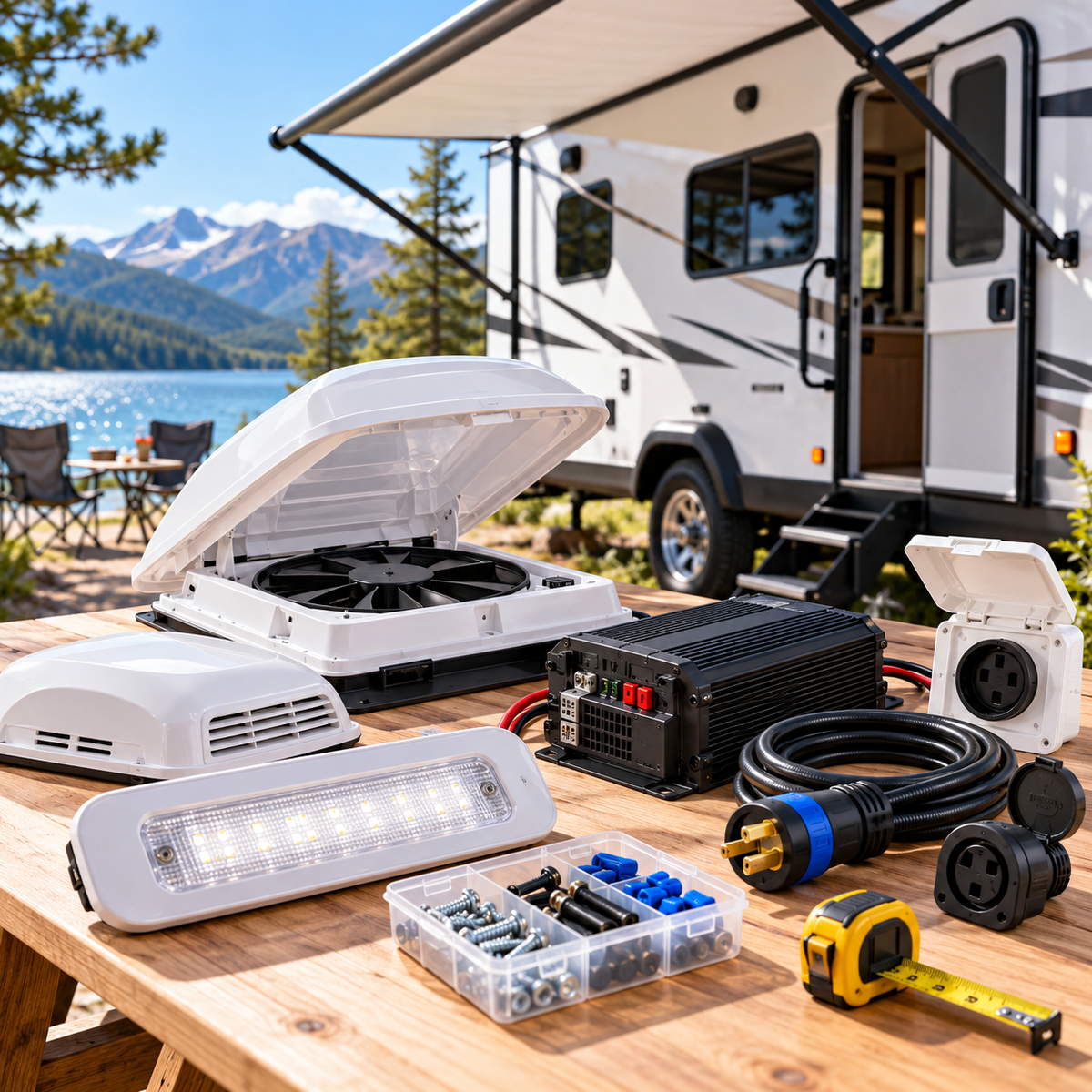 RV parts and accessories including roof ventilation fans, LED lights, electrical connectors, power equipment and replacement components displayed beside a travel trailer. Copy alt text