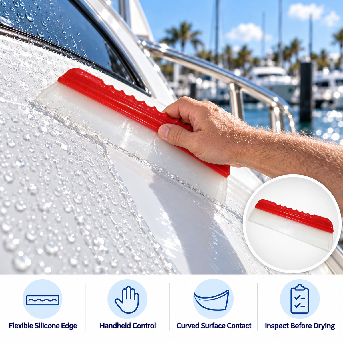 Shurhold 260 Shur-DRY Water Blade removing water from a curved yacht panel, with an inset showing its red grip and flexible silicone edge.