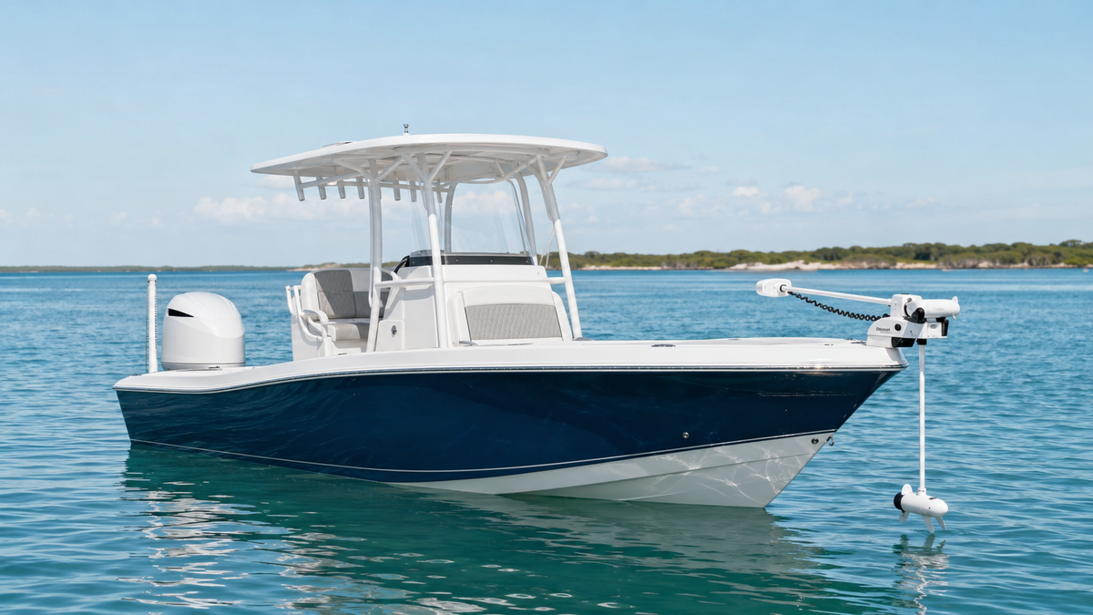 Minn Kota Riptide saltwater trolling motor on a coastal boat